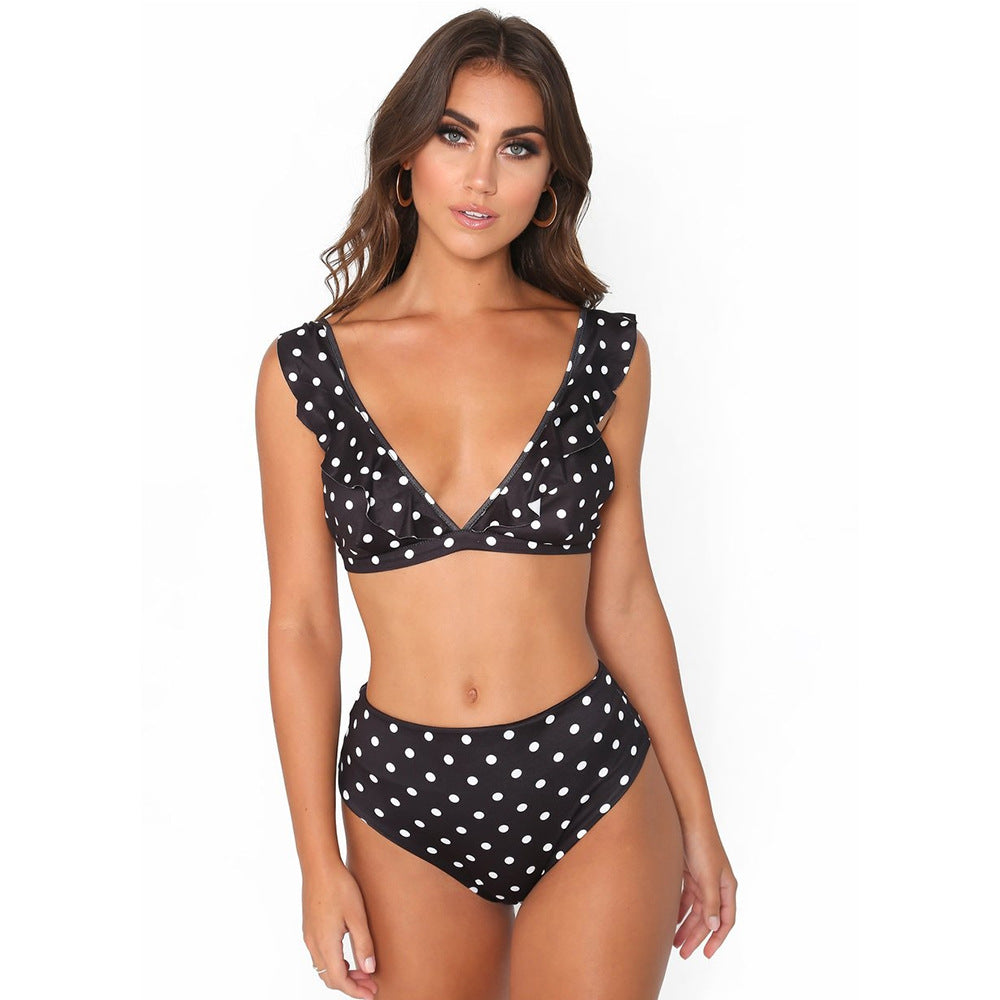 Bikini taille haute à volants et col en V à pois