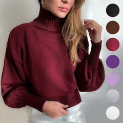 Solid Color Puff Sleeve Turtleneck Sweater in 7 Colors S-XL