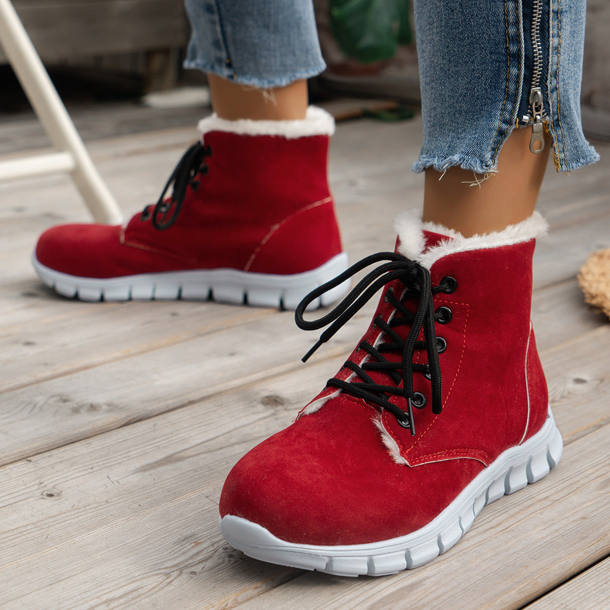Lace-Up Flat Sole Plush Ankle Boots