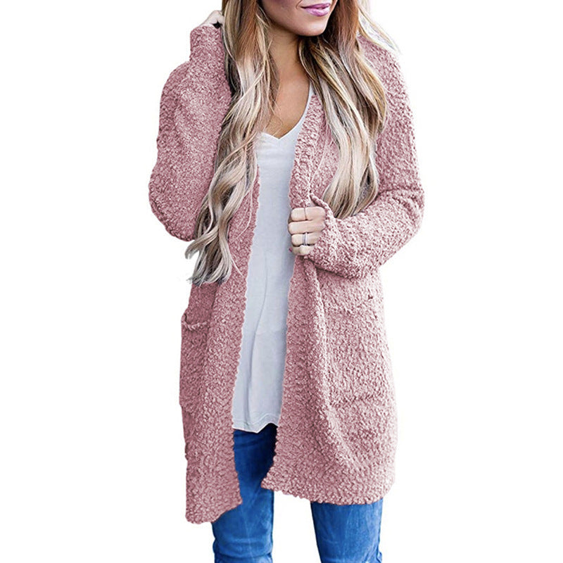 Solid Color Fleece Mid-Length Cardigan