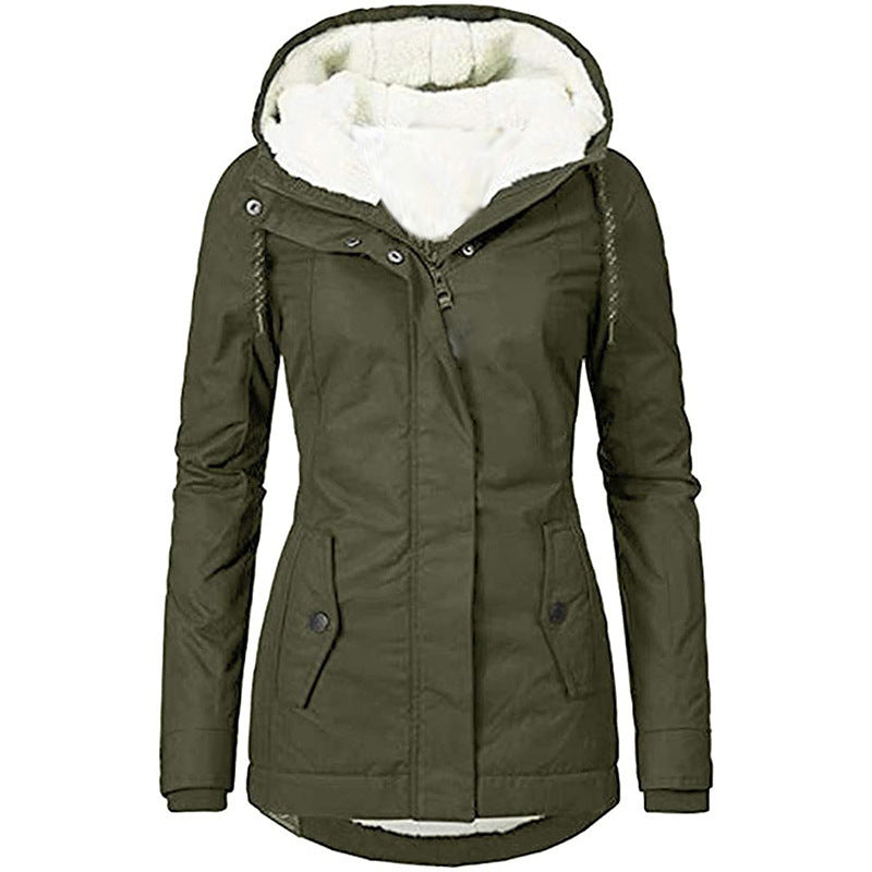 Solid Color Fleece-Lined Hooded Jacket
