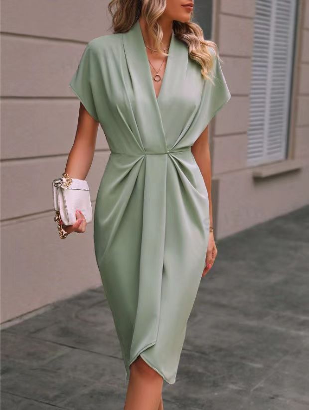 Elegant Pleated V-Neck Short Sleeve Wrap Midi Dress