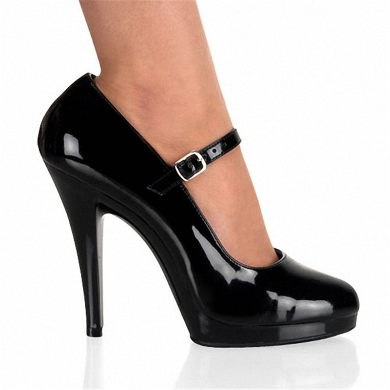 Black Closed Toe Patent Leather Platform Shoes with Buckle
