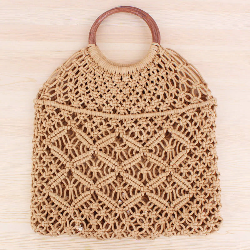 Macrame  Handbag with Wooden Ring Handle