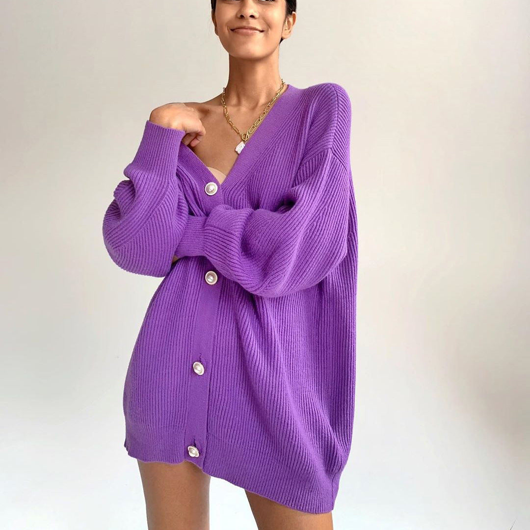 Long Sleeve V-Neck Sweater Cardigan with Pearl Buttons in 7 Colors S-L