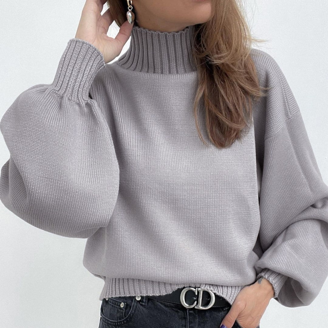 Solid Color Puff Sleeve Turtleneck Sweater in 7 Colors S-XL