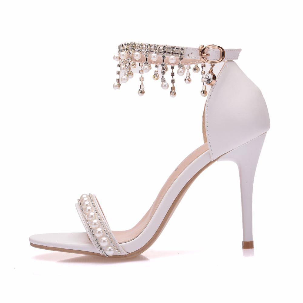 White High Heeled Stiletto Shoes with Beaded Ankle Strap