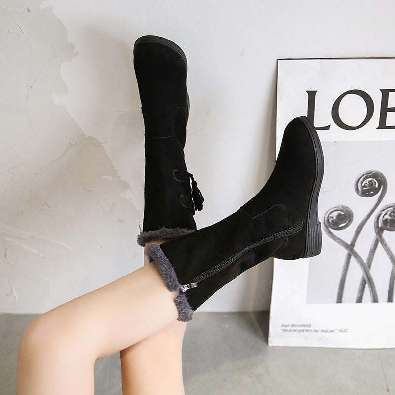 Flat Heel Mid-Calf Suede Plush  Boots with Tassels in 3 Colors