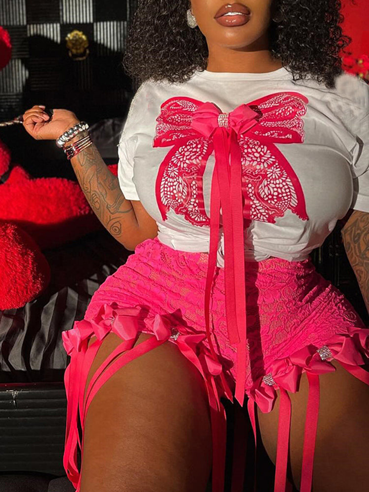 3D Butterfly Print Loose Top & Lace Shorts Set