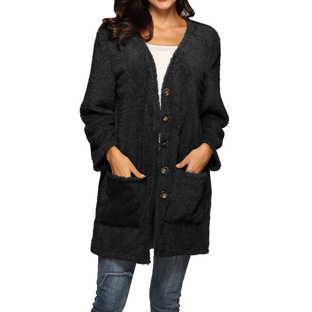 Mittellanger Plüsch-Cardigan mit Taschen in 8 Farben S-5XL