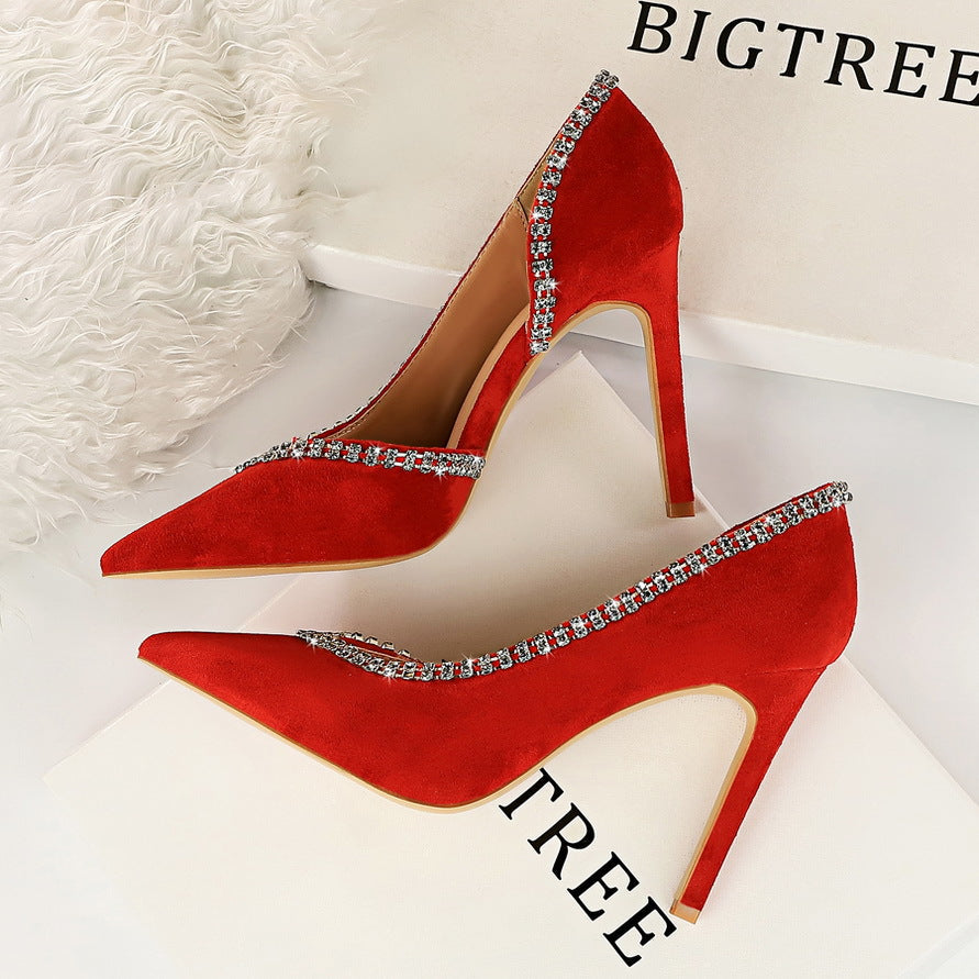 Wildleder High Heels mit spitzer Spitze und Strass in 6 Farben