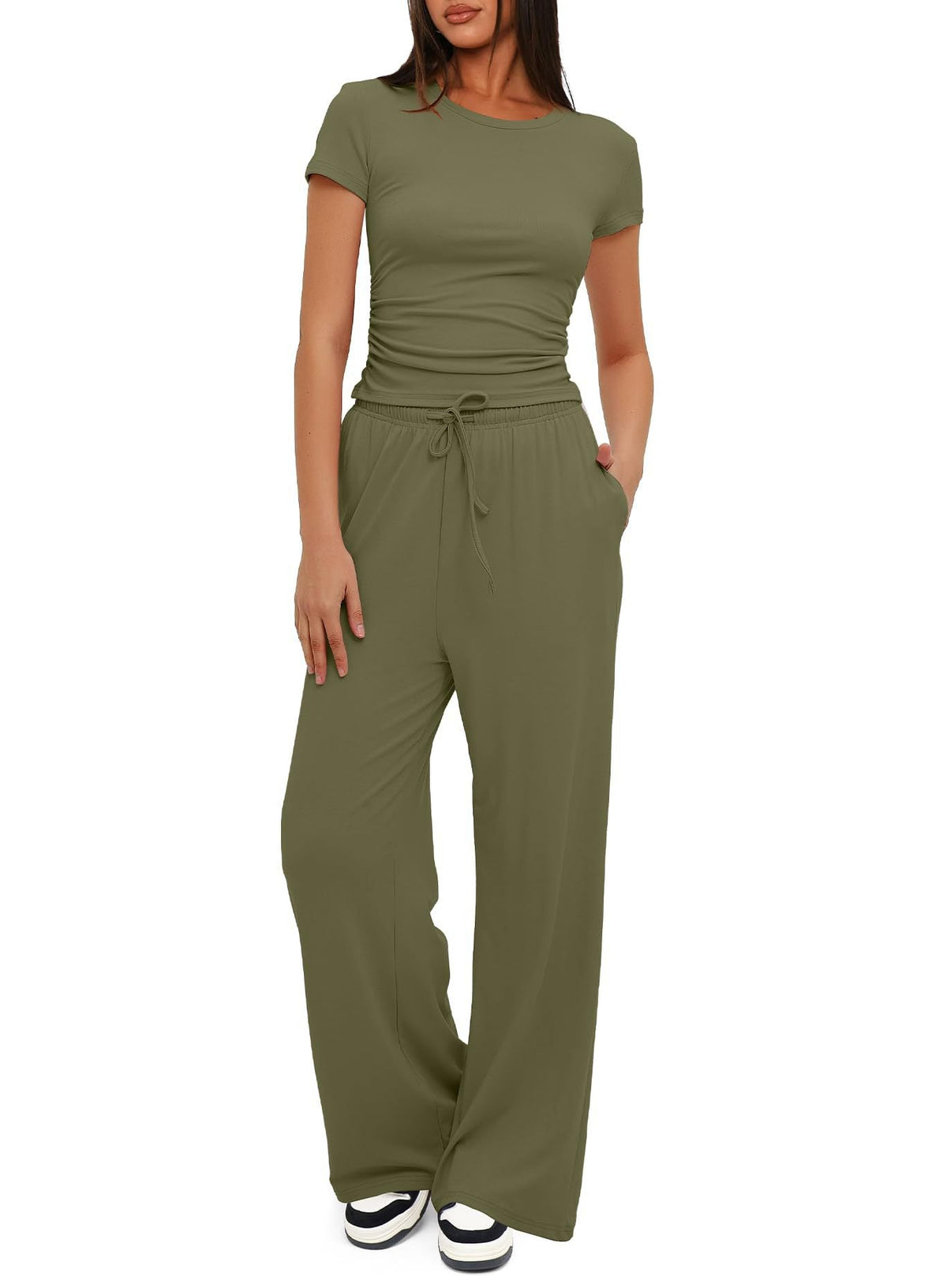 Short Sleeve Top with Matching Drawstring Wide-Leg Pants
