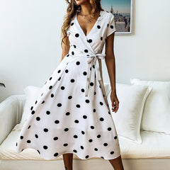 Short Sleeve V-Neck Polka Dot Dress with Waist Tie in 3 Colors S-XL