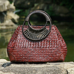 Rattan Straw Hand Bag with Round Wooden Handle in 2 Colors