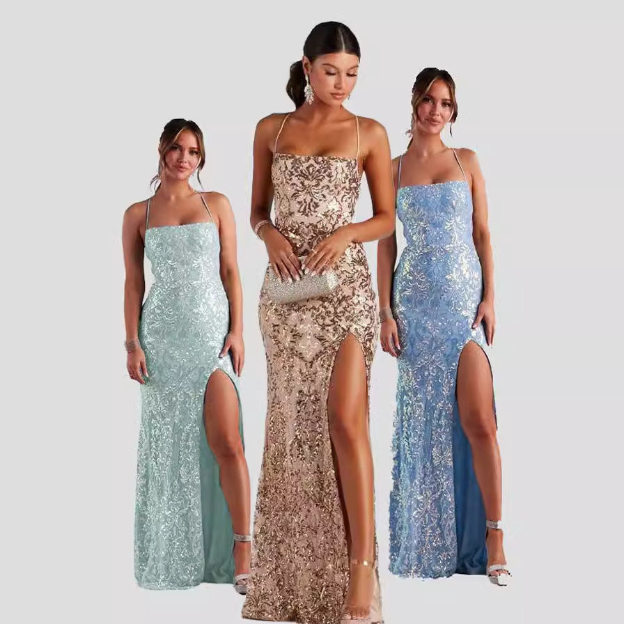 Sleeveless Floor-Length Sequinned Evening Dress