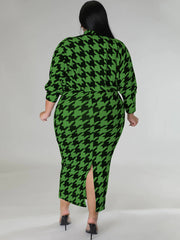 Two Piece Houndstooth Cardigan & Cut Out Midi Dress