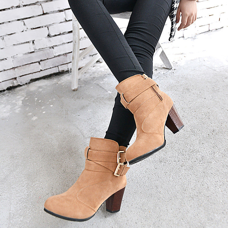 Suede Thick High Heel Ankle Boots with Belt Buckle