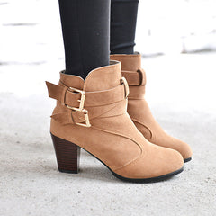 Suede Thick High Heel Ankle Boots with Belt Buckle