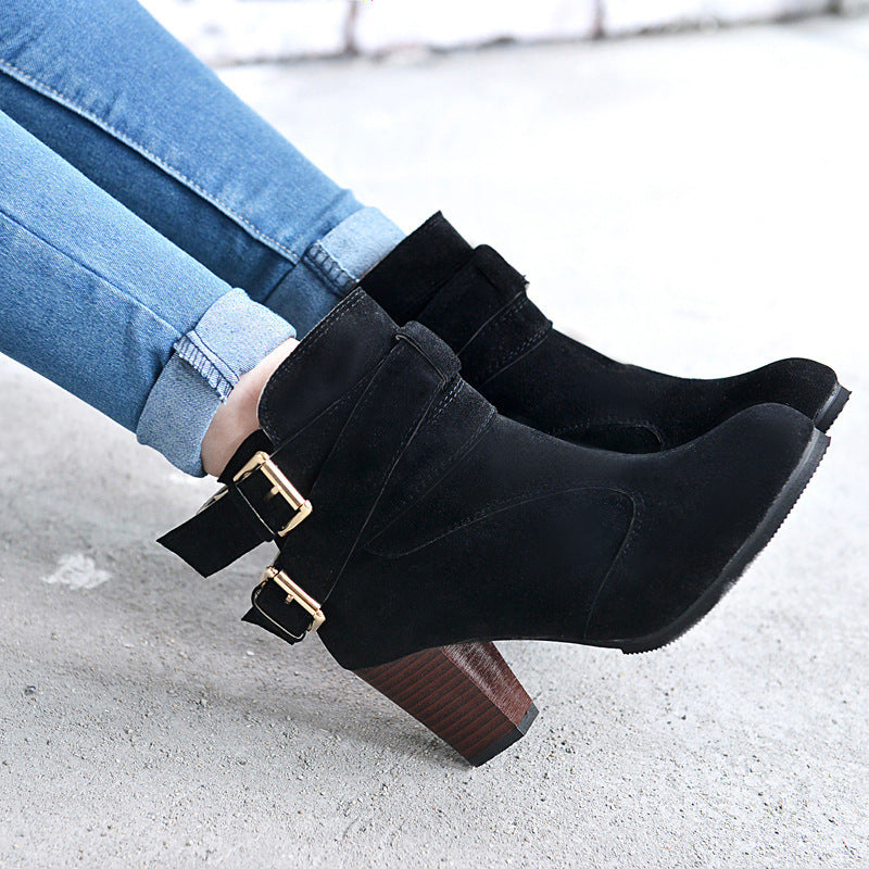 Suede Thick High Heel Ankle Boots with Belt Buckle