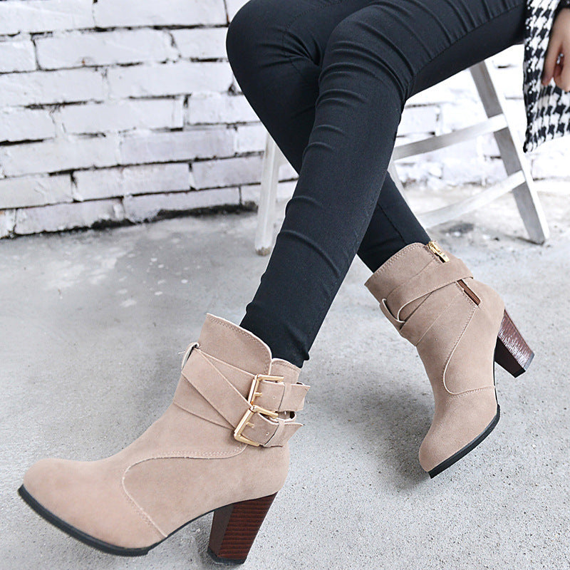 Suede Thick High Heel Ankle Boots with Belt Buckle
