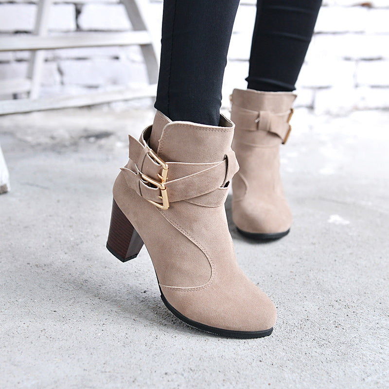 Suede Thick High Heel Ankle Boots with Belt Buckle