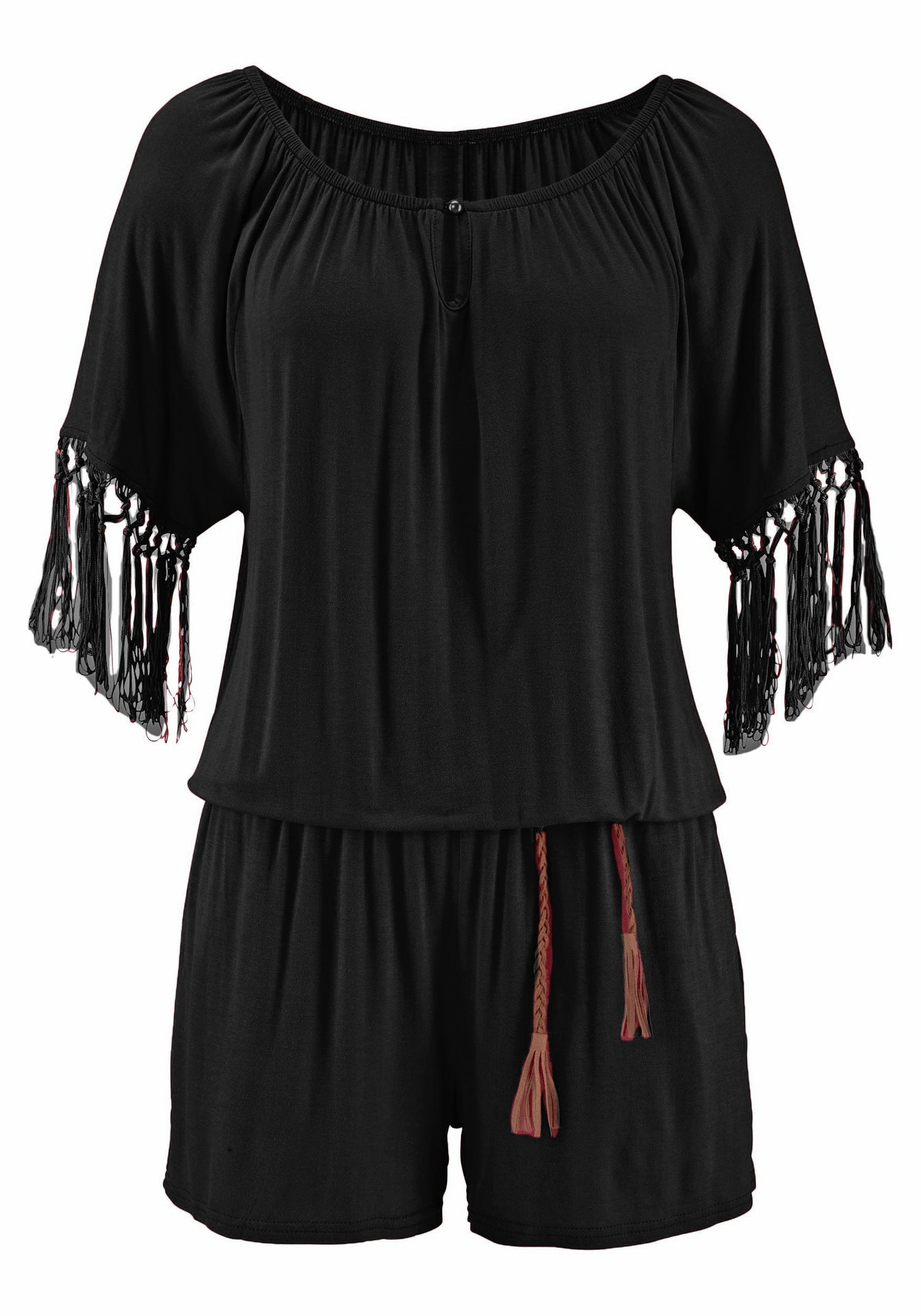 Off-the-Shoulder Romper with Tasseled Short Sleeves and Pockets in 3 Colors S-XXL