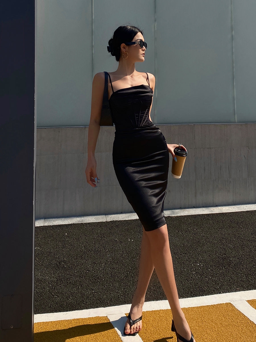 Sleeveless Midi Cocktail Dress with Corset and Spaghetti Straps