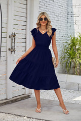 Ruffled Sleeveless V-Neck Midi Dress with Elastic Waist in 7 Colors S-XL