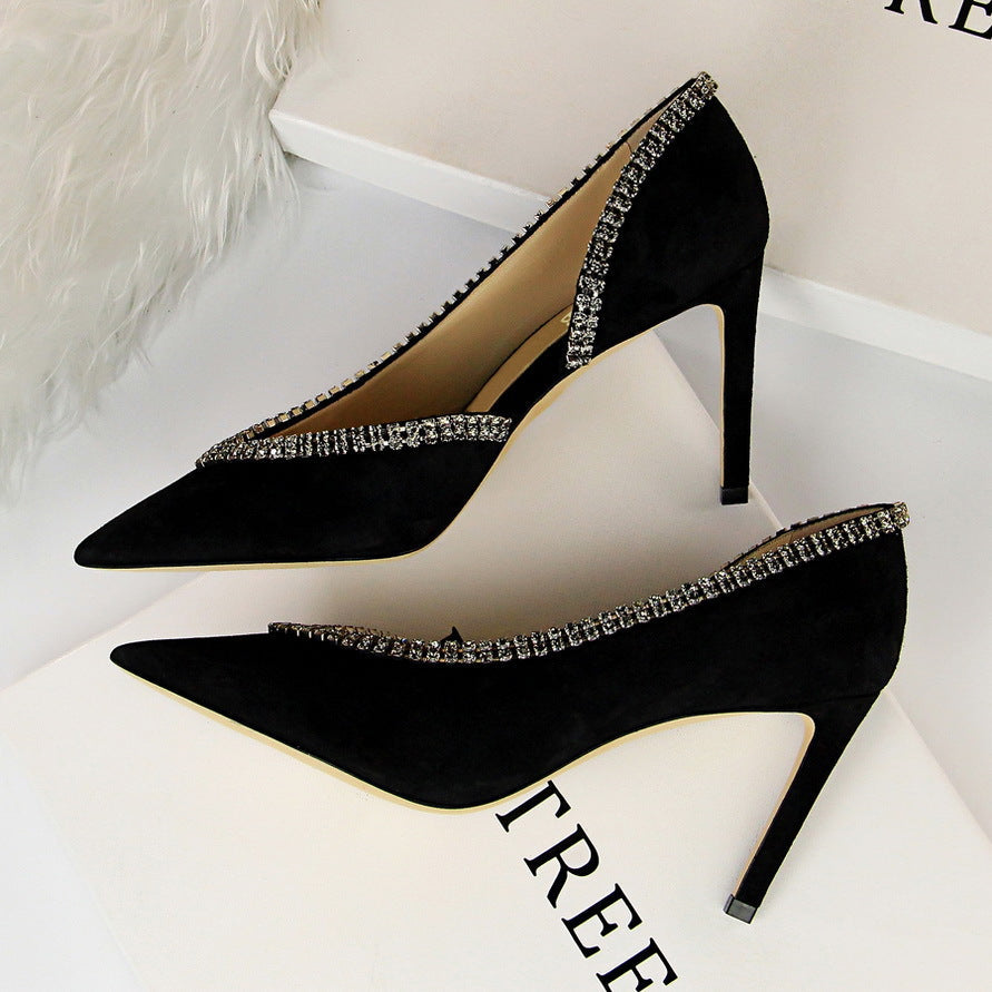 Wildleder High Heels mit spitzer Spitze und Strass in 6 Farben