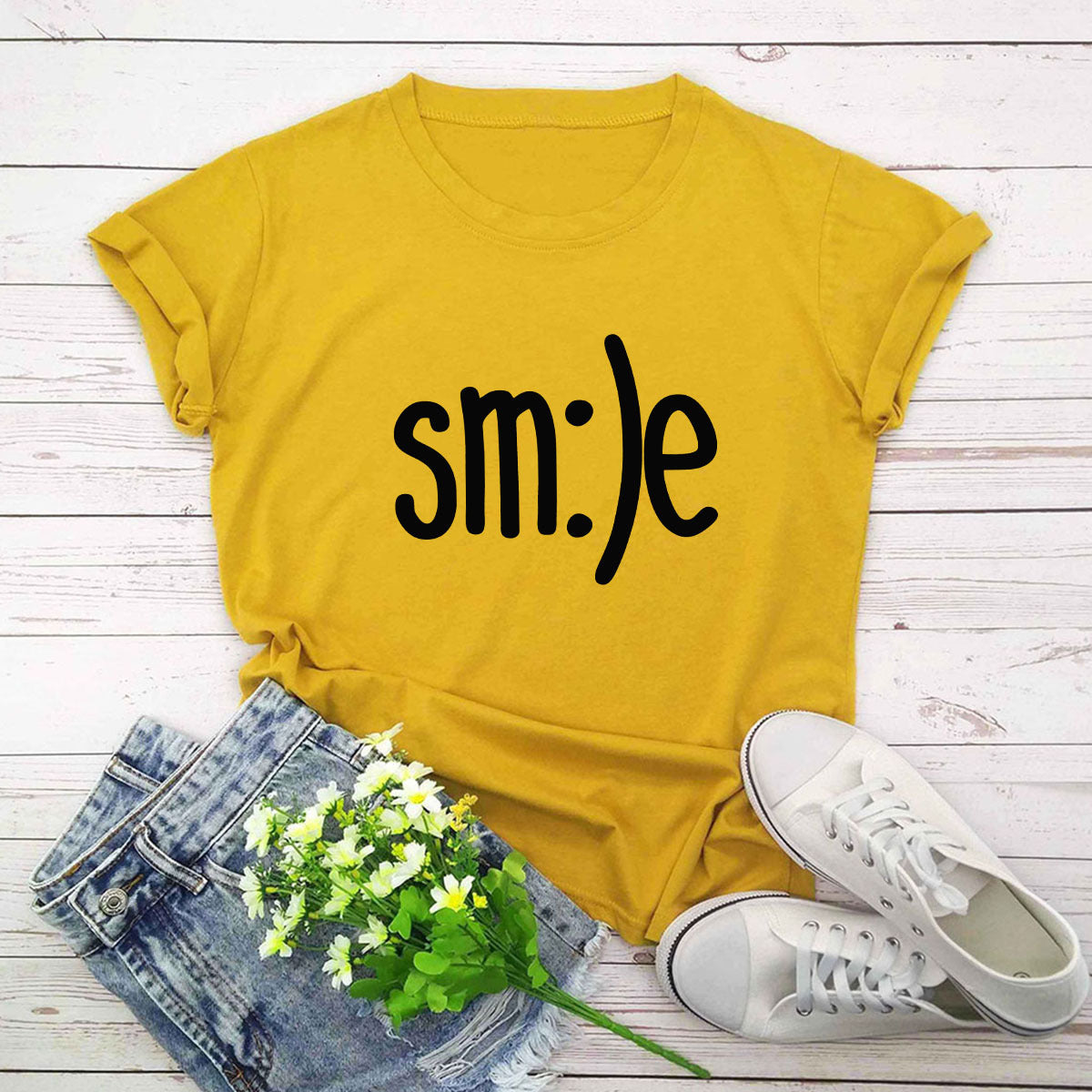 Smile Printed Short Sleeve Cotton Top in 12 Colors S-5XL