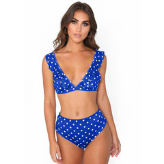 Bikini taille haute à volants et col en V à pois