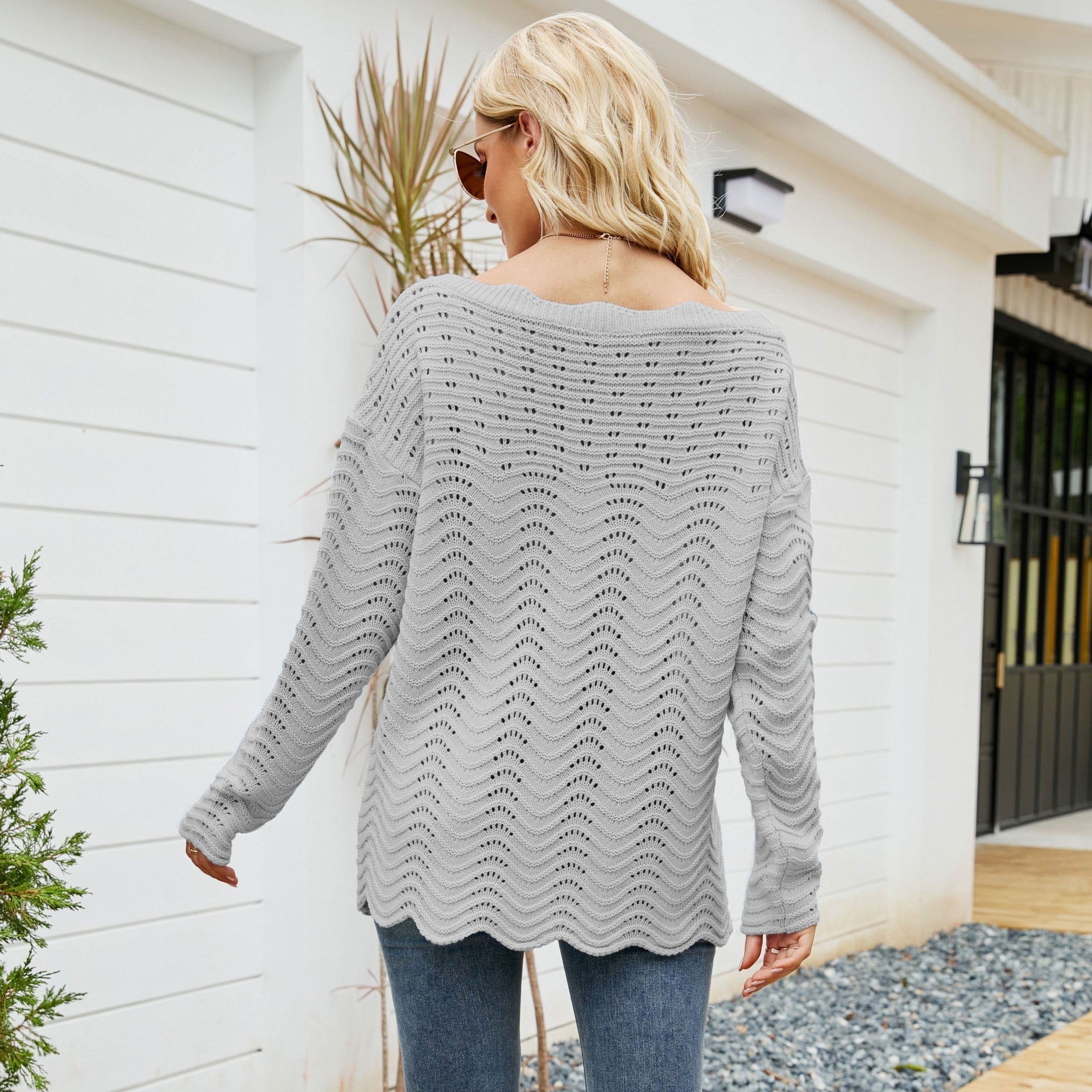 Knit Boat Neck Long Sleeve Sweater