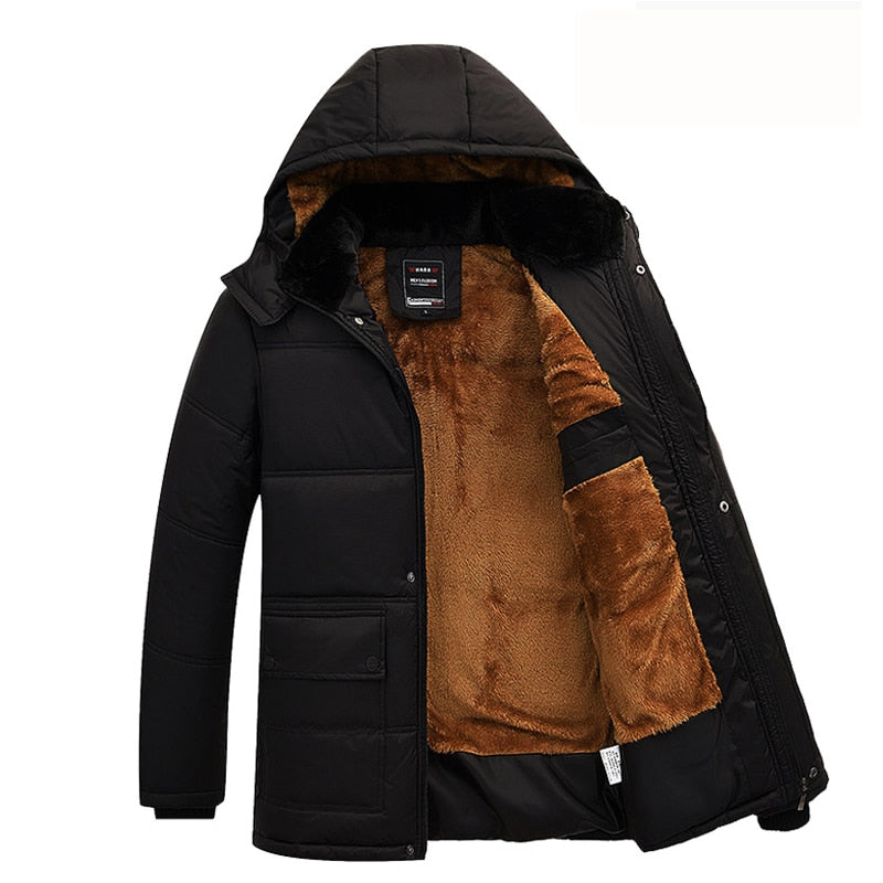 Men's Black Hooded Long Sleeve Plush Coat M-4XL