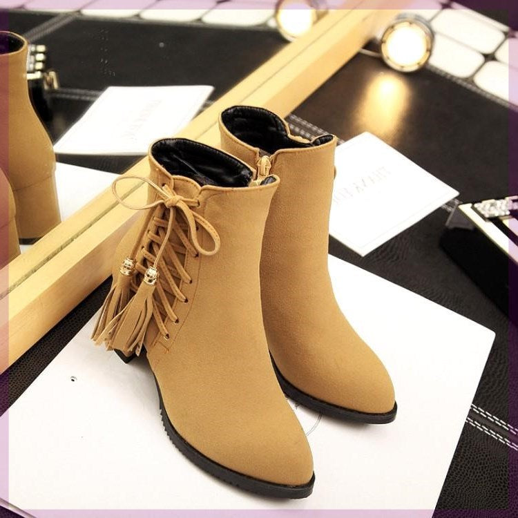 Plush High Heel Suede Ankle Boots with Tassels in 3 Colors