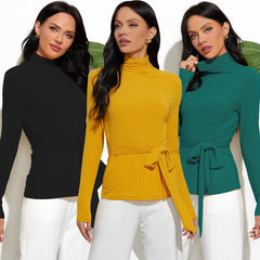 Long Sleeve Sweater with Waist Tie in 3 Colors S-XL