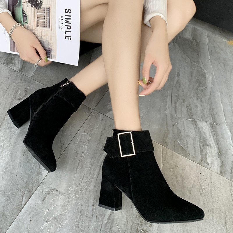 Suede Block Heel Ankle Boots with Pointed Toe