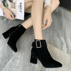 Suede Block Heel Ankle Boots with Pointed Toe