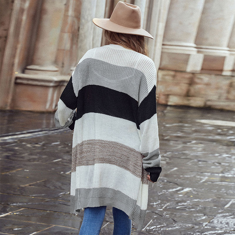 Gestreifte offene Langarm-Strickjacke in 4 Farben SL