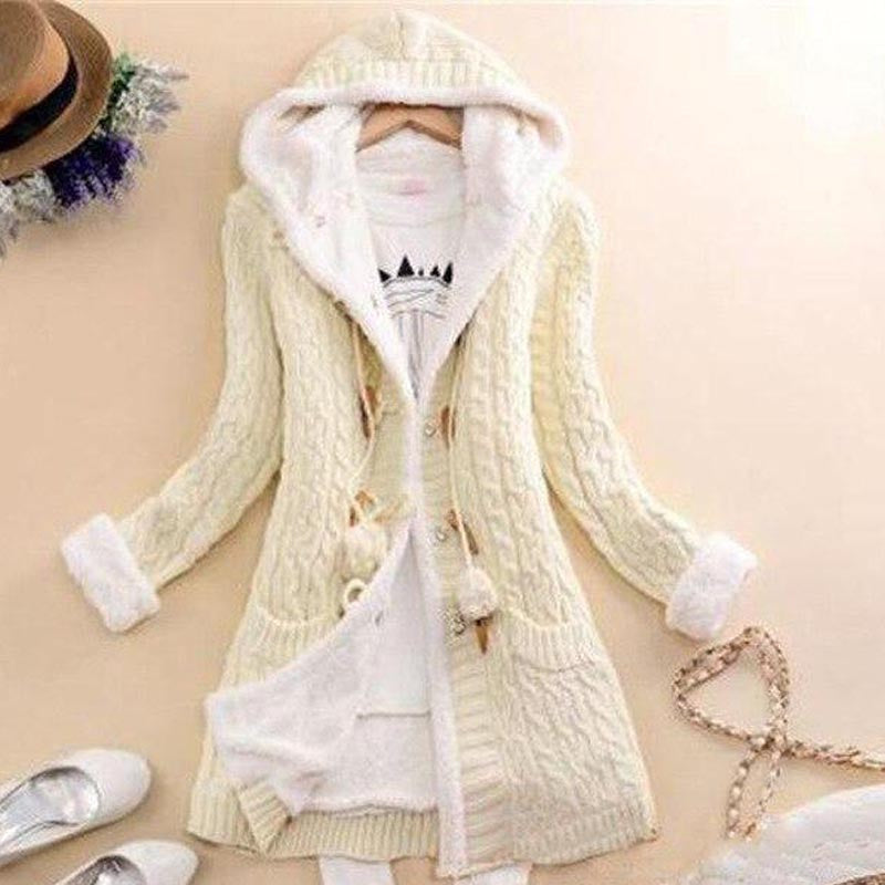 Plush Hooded Knit Cardigan Coat with Buttons and Pockets in 6 Colors S-5XL