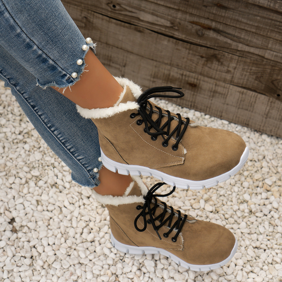 Lace-Up Flat Sole Plush Ankle Boots