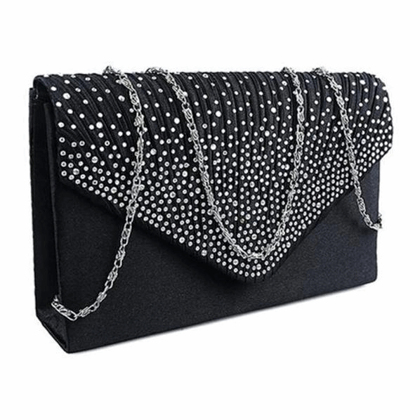 Elegant Satin Evening Bag with Rhinestones and Shoulder Chain in 2 Colors