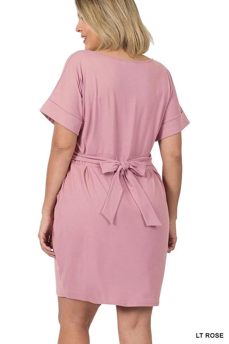 Plus Size Round Neck Midi Dress with Waist Tie and Side Pockets 1X-3X