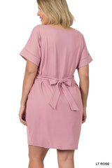Plus Size Round Neck Midi Dress with Waist Tie and Side Pockets 1X-3X