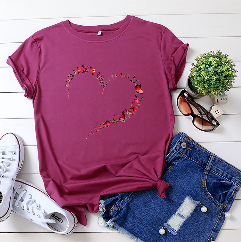 Kurzarm-Top mit Herz-Schmetterling in 12 Farben S-4XL