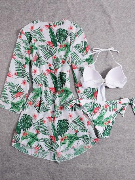 Bikini push-up avec kimono floral assorti, ensemble trois pièces