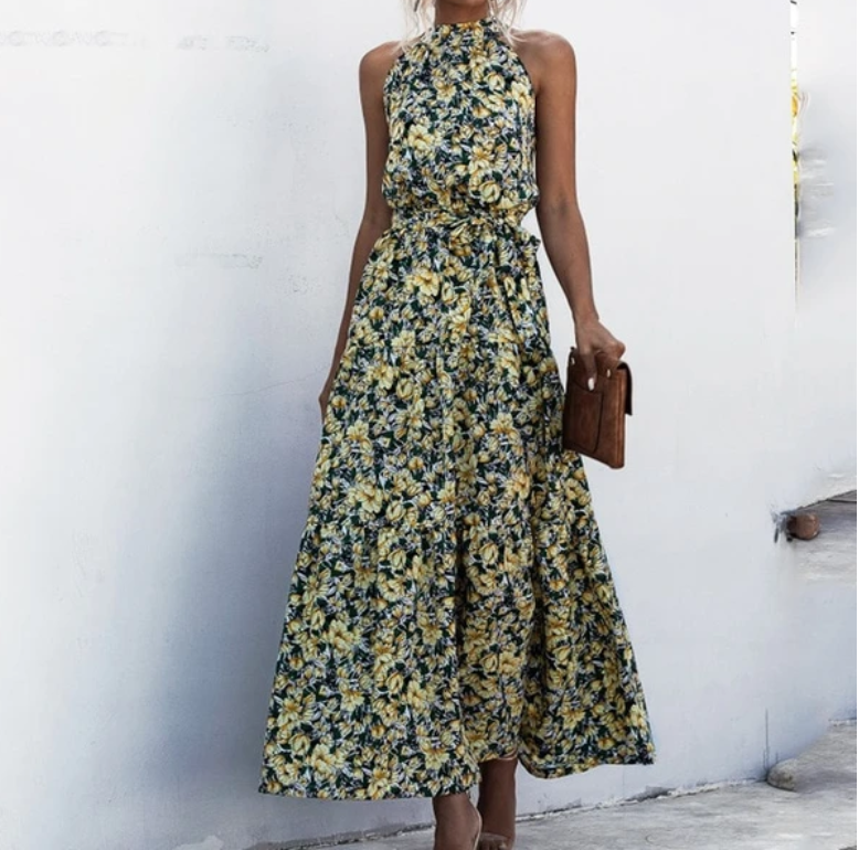 Sleeveless Halter Neck Maxi Dress with Waist Tie in 10 Colors S-XL