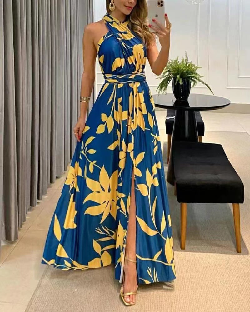 Robe longue imprimée sans manches à une épaule, disponible en 3 couleurs, tailles S à XXL