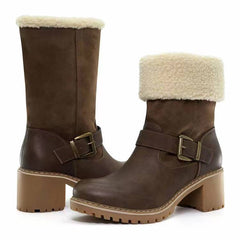 Plush Slip-On Mid-Calf Boots with Chunky Heel and Buckle