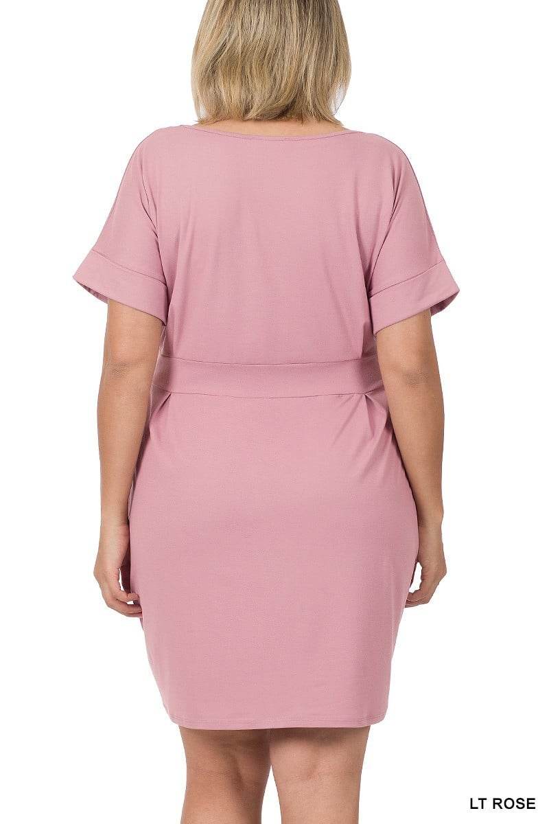 Plus Size Round Neck Midi Dress with Waist Tie and Side Pockets 1X-3X