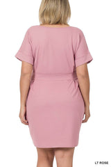 Plus Size Round Neck Midi Dress with Waist Tie and Side Pockets 1X-3X